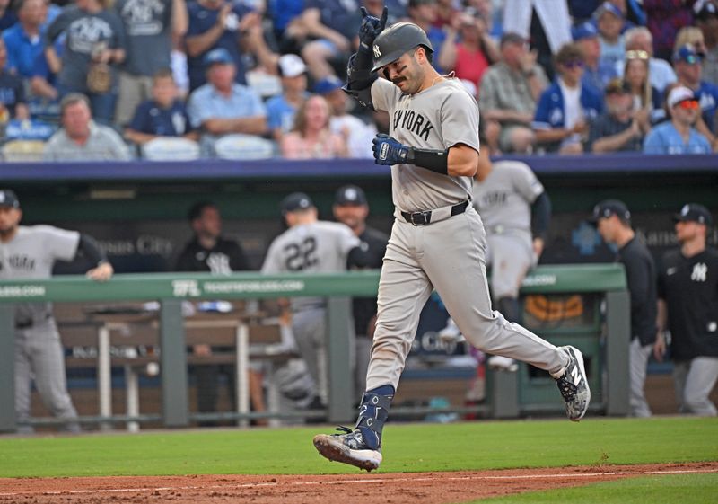 Jun 10, 2025; Kansas City, Missouri, USA;  New York Yankees catcher Austin Wells (28) reacts after hitting a three-run home run in the fourth inning against the Kansas City Royals at Kauffman Stadium. Mandatory Credit: Peter Aiken-Imagn Images