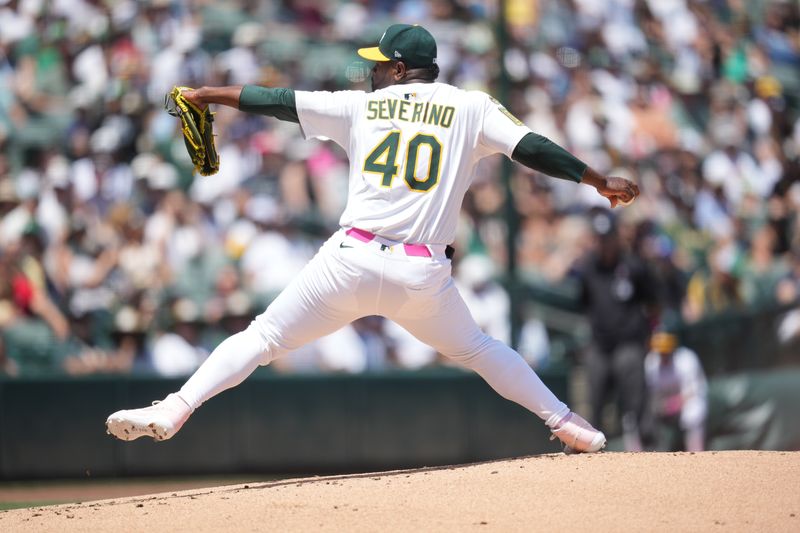 May 11, 2025; West Sacramento, California, USA; Athletics pitcher Luis Severino (40) delivers a pitch against the New York Yankees in the first inning at Sutter Health Park. Mandatory Credit: Cary Edmondson-Imagn Images
