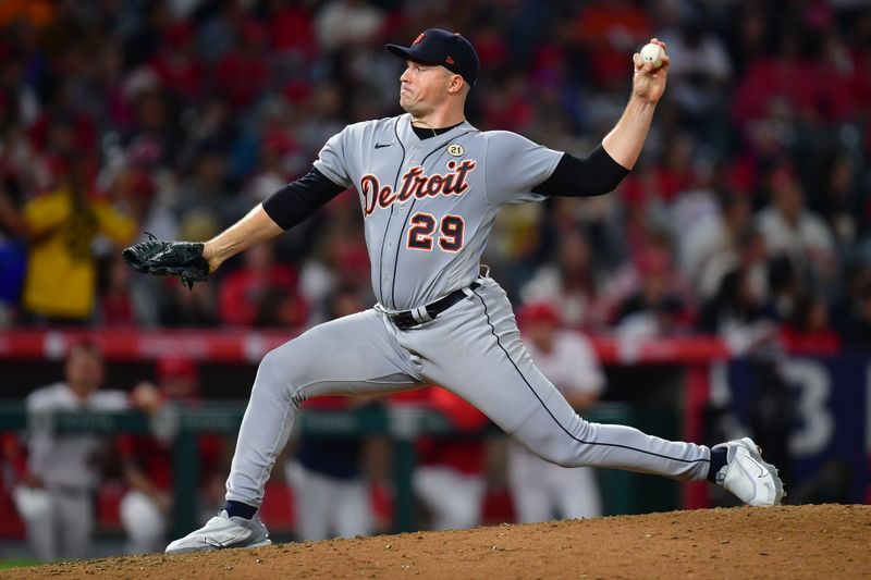 Sep 15, 2023; Anaheim, California, USA; Detroit Tigers starting pitcher Tarik Skubal (29) throws against the Los Angeles Angels during the seventh inning at Angel Stadium. Mandatory Credit: Gary A. Vasquez-USA TODAY Sports