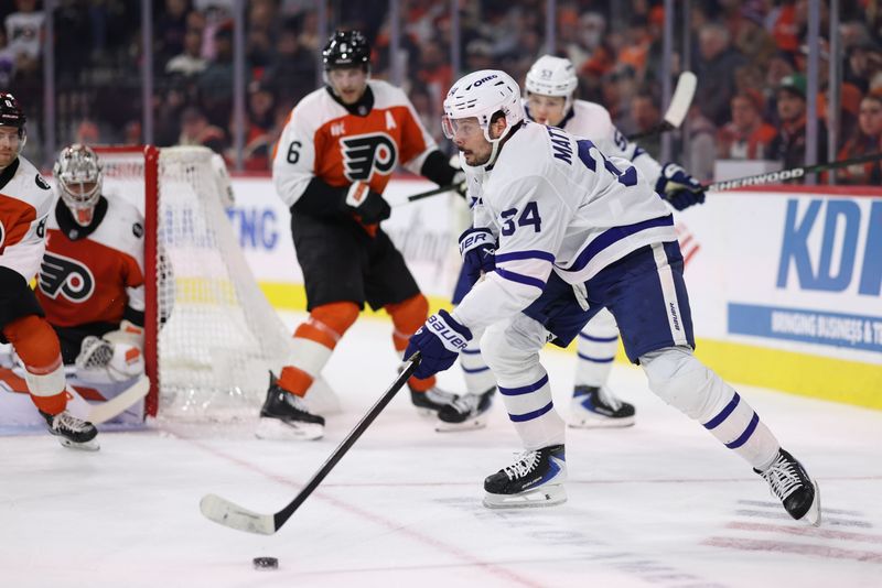 Jan 8, 2026; Philadelphia, Pennsylvania, USA; Toronto Maple Leafs center Auston Matthews (34) skates with the puck against the Philadelphia Flyers during the second period at Xfinity Mobile Arena. Mandatory Credit: Bill Streicher-Imagn Images