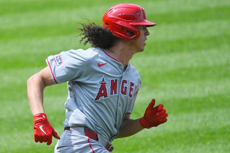 May 5, 2024; Cleveland, Ohio, USA; Los Angeles Angels third baseman Cole Tucker (8) runs out his single in the fifth inning against the Cleveland Guardians at Progressive Field. Mandatory Credit: David Richard-USA TODAY Sports