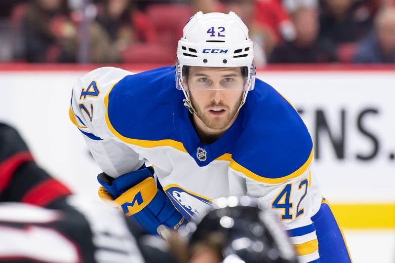 Sep 26, 2024; Ottawa, Ontario, CAN; Buffalo Sabres left wing Brendan Warren (42) gets in position for a faceoff in the second period against the Ottawa Senators at the Canadian Tire Centre. Mandatory Credit: Marc DesRosiers-Imagn Images