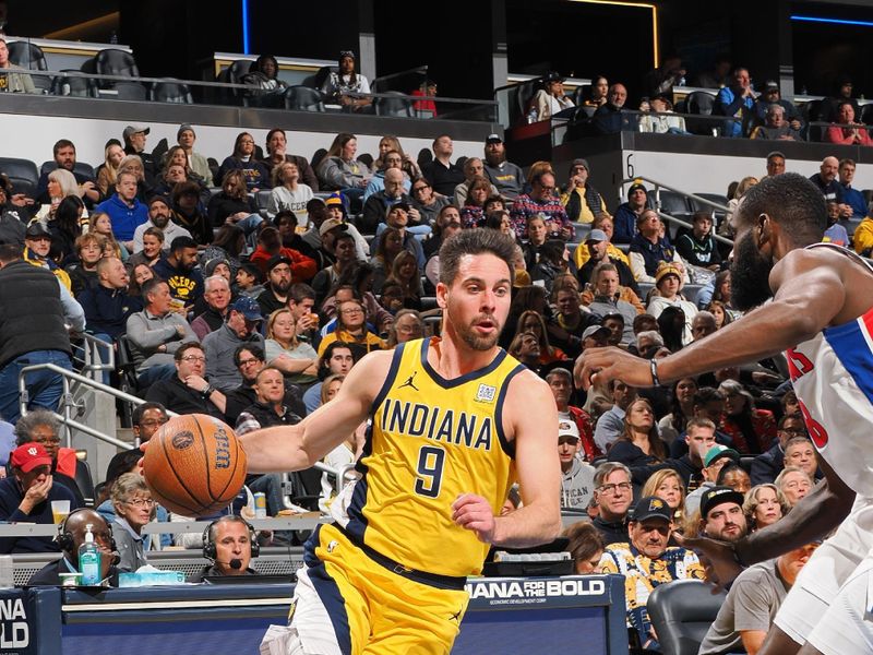 INDIANAPOLIS, IN - NOVEMBER 29: T.J. McConnell #9 of the Indiana Pacers handles the ball during the game against the Detroit Pistons  during the Emirates NBA Cup game on November 29, 2024 at Gainbridge Fieldhouse in Indianapolis, Indiana. NOTE TO USER: User expressly acknowledges and agrees that, by downloading and or using this Photograph, user is consenting to the terms and conditions of the Getty Images License Agreement. Mandatory Copyright Notice: Copyright 2024 NBAE (Photo by Ron Hoskins/NBAE via Getty Images)