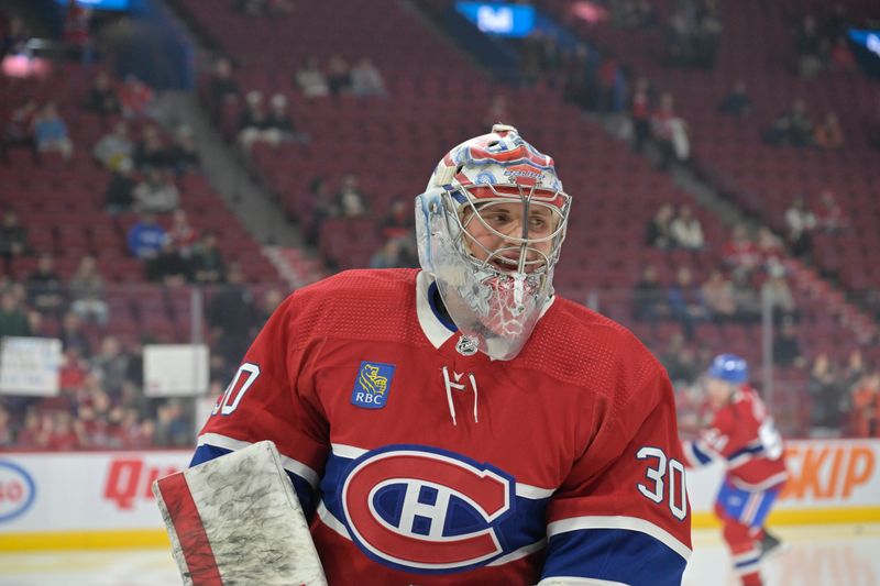 Apr 2, 2024; Montreal, Quebec, CAN; Montreal Canadiens goalie Cayden Primeau (30) skates during the warmup period before the game against the Florida Panthers at the Bell Centre. Mandatory Credit: Eric Bolte-USA TODAY Sports