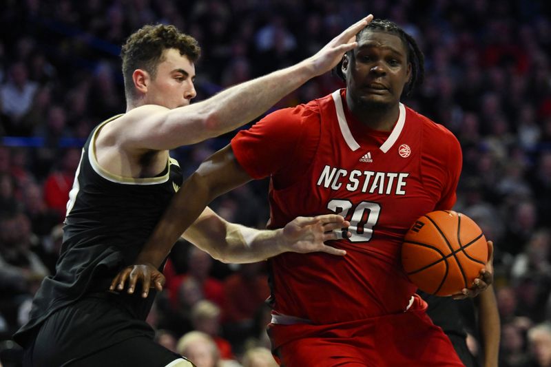 Jan 28, 2023; Winston-Salem, North Carolina, USA;   North Carolina State Wolfpack forward D.J. Burns Jr. (30) posts on Wake Forest Demon Deacons forward Matthew Marsh (33) during the second half at Lawrence Joel Veterans Memorial Coliseum. Mandatory Credit: William Howard-USA TODAY Sports