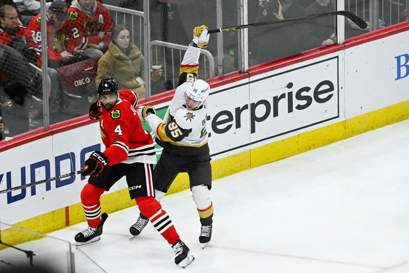 Jan 18, 2025; Chicago, Illinois, USA;  Chicago Blackhawks defenseman Seth Jones (4) and Vegas Golden Knights right wing Victor Olofsson (95) chase the puck during the second period at United Center. Mandatory Credit: Matt Marton-Imagn Images