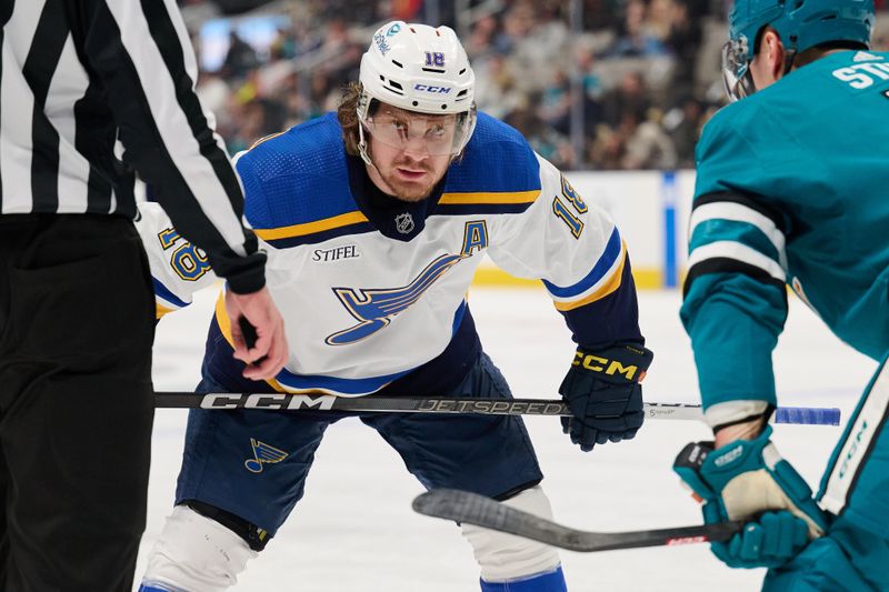 Apr 6, 2024; San Jose, California, USA; St. Louis Blues center Robert Thomas (18) waits for a faceoff against the San Jose Sharks during the first period at SAP Center at San Jose. Mandatory Credit: Robert Edwards-USA TODAY Sports