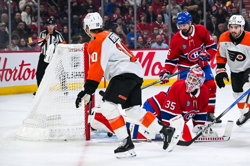 Nov 4, 2025; Montreal, Quebec, CAN; Philadelphia Flyers right wing Bobby Brink (10) scores a goal against Montreal Canadiens goalie Sam Montembeault (35) during the first period at Bell Centre. Mandatory Credit: David Kirouac-Imagn Images