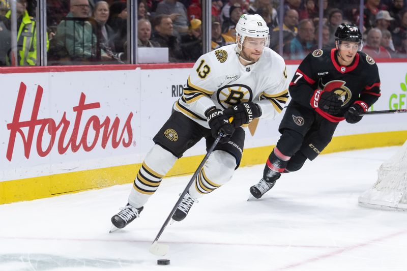 Jan 25, 2024; Ottawa, Ontario, CAN; Boston Bruins center Charlie Coyle (13) skates with the puck in front of Ottawa Senators center Shane Pinto (57) in the first period at the Canadian Tire Centre. Mandatory Credit: Marc DesRosiers-USA TODAY Sports