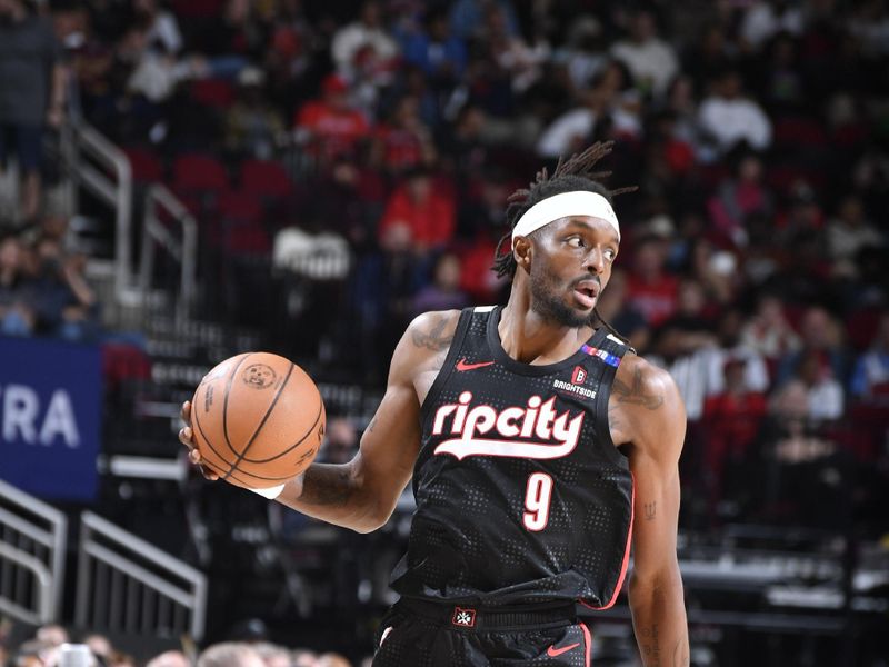 HOUSTON, TX -NOVEMBER 23: Jerami Grant #9 of the Portland Trail Blazers dribbles the ball during the game against the Houston Rockets on November 23, 2024 at the Toyota Center in Houston, Texas. NOTE TO USER: User expressly acknowledges and agrees that, by downloading and or using this photograph, User is consenting to the terms and conditions of the Getty Images License Agreement. Mandatory Copyright Notice: Copyright 2024 NBAE (Photo by Logan Riely/NBAE via Getty Images)