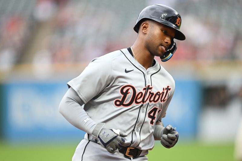 Jul 22, 2024; Cleveland, Ohio, USA; Detroit Tigers designated hitter Justyn-Henry Malloy (44) rounds the bases after hitting a home run during the first inning against the Cleveland Guardians at Progressive Field. Mandatory Credit: Ken Blaze-USA TODAY Sports