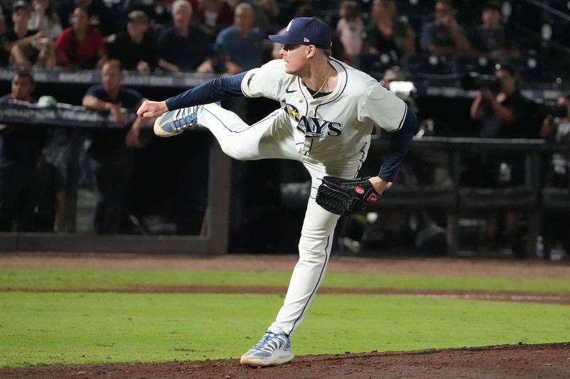 Sep 21, 2025; Tampa, Florida, USA; Tampa Bay Rays relief pitcher Pete Fairbanks (29) throws a pitch against the Boston Red Sox during the ninth inning at George M. Steinbrenner Field. Mandatory Credit: Dave Nelson-Imagn Images