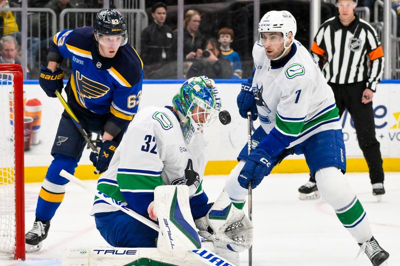 Jan 27, 2025; St. Louis, Missouri, USA;  Vancouver Canucks goaltender Kevin Lankinen (32) and defenseman Carson Soucy (7) defend the net against St. Louis Blues left wing Jake Neighbours (63) during the second period at Enterprise Center. Mandatory Credit: Jeff Curry-Imagn Images