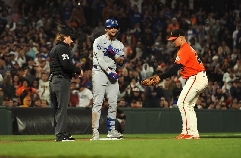 Jun 28, 2024; San Francisco, California, USA; Los Angeles Dodgers center fielder Andy Pages (44) reacts after a triple against the San Francisco Giants during the ninth inning at Oracle Park. Mandatory Credit: Kelley L Cox-USA TODAY Sports