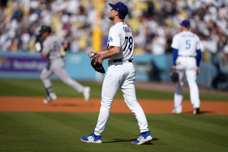 Jun 3, 2023; Los Angeles, California, USA; Los Angeles Dodgers pitcher Michael Grove (78) reacts after surrendering a home run in the first inning against the New York Yankees at Dodger Stadium. Mandatory Credit: Kirby Lee-USA TODAY Sports