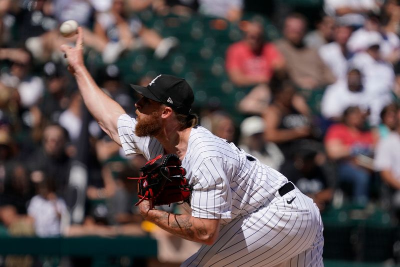 Jun 30, 2024; Chicago, Illinois, USA; Chicago White Sox pitcher Michael Kopech (34) throws the ball against the Colorado Rockies during the ninth inning at Guaranteed Rate Field. Mandatory Credit: David Banks-USA TODAY Sports