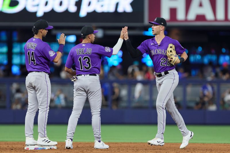 Jul 22, 2023; Miami, Florida, USA; Colorado Rockies right fielder Nolan Jones (22) celebrates with second baseman Alan Trejo (13) and shortstop Ezequiel Tovar (14) after winning the game against the Miami Marlins at loanDepot Park. Mandatory Credit: Sam Navarro-USA TODAY Sports