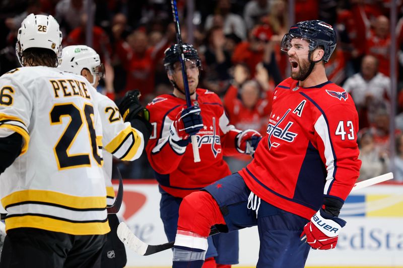 Oct 8, 2025; Washington, District of Columbia, USA; Washington Capitals right wing Tom Wilson (43) celebrates after scoring a goal against the Boston Bruins during the third period at Capital One Arena. Mandatory Credit: Geoff Burke-Imagn Images
