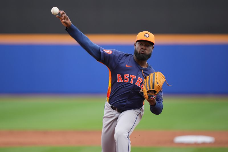 Mar 23, 2024; Port St. Lucie, Florida, USA;  Houston Astros starting pitcher Cristian Javier (53) warms-up in the first inning against the New York Mets at Clover Park. Mandatory Credit: Jim Rassol-USA TODAY Sports