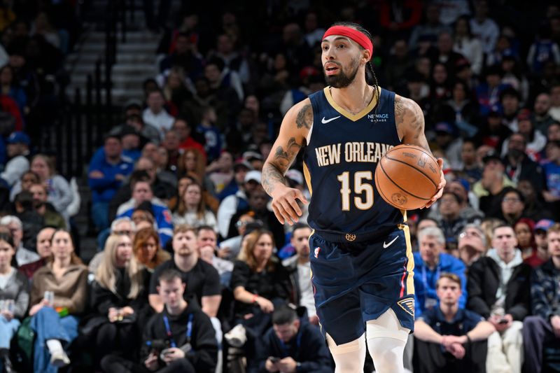 PHILADELPHIA, PA - JANUARY 10: Jose Alvarado #15 of the New Orleans Pelicans dribbles the ball during the game against the Philadelphia 76ers on January 10, 2025 at the Wells Fargo Center in Philadelphia, Pennsylvania NOTE TO USER: User expressly acknowledges and agrees that, by downloading and/or using this Photograph, user is consenting to the terms and conditions of the Getty Images License Agreement. Mandatory Copyright Notice: Copyright 2025 NBAE (Photo by David Dow/NBAE via Getty Images)