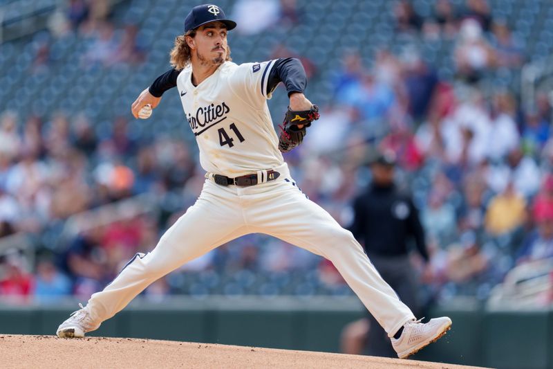 Sep 24, 2023; Minneapolis, Minnesota, USA; Minnesota Twins starting pitcher Joe Ryan (41) pitches to the Los Angeles Angels in the first inning at Target Field. Mandatory Credit: Matt Blewett-USA TODAY Sports