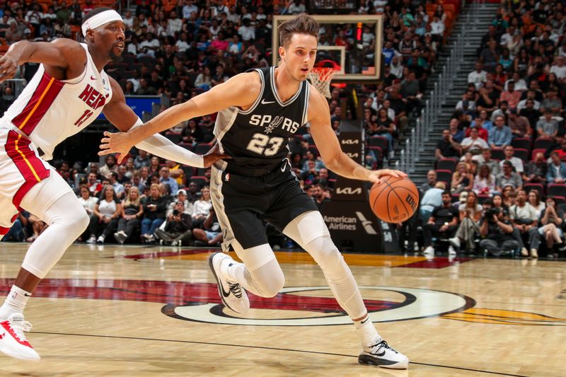 MIAMI, FL - OCTOBER 15: Zach Collins #23 of the San Antonio Spurs dribbles the ball during the game on October 15, 2024 at Kaseya Center in Miami, Florida. NOTE TO USER: User expressly acknowledges and agrees that, by downloading and or using this Photograph, user is consenting to the terms and conditions of the Getty Images License Agreement. Mandatory Copyright Notice: Copyright 2024 NBAE (Photo by Issac Baldizon/NBAE via Getty Images)