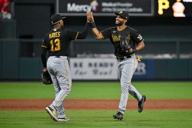 Sep 2, 2023; St. Louis, Missouri, USA;  Pittsburgh Pirates right fielder Joshua Palacios (54) celebrates with third baseman Ke'Bryan Hayes (13) after the Pirates defeated the St. Louis Cardinals at Busch Stadium. Mandatory Credit: Jeff Curry-USA TODAY Sports