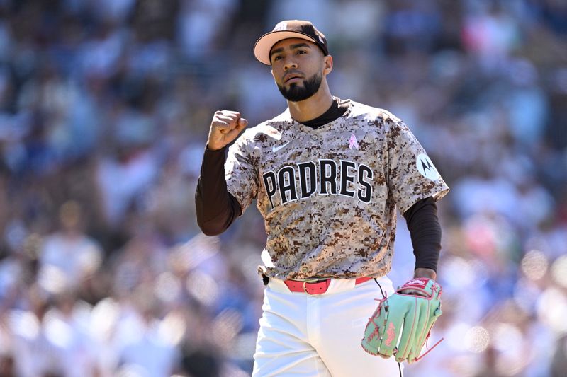 May 12, 2024; San Diego, California, USA; San Diego Padres relief pitcher Robert Suarez (75) celebrates on the field after defeating the Los Angeles Dodgers at Petco Park. Mandatory Credit: Orlando Ramirez-USA TODAY Sports