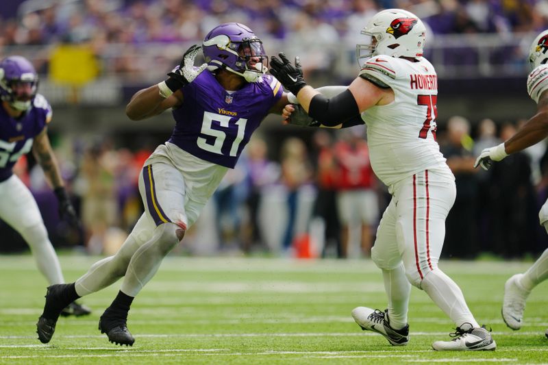 Arizona Cardinals guard Hayden Howerton blocks against Minnesota Vikings linebacker Benton Whitley (51) during the second half of an NFL preseason football game Saturday, Aug. 26, 2023, in Minneapolis. (AP Photo/Abbie Parr)