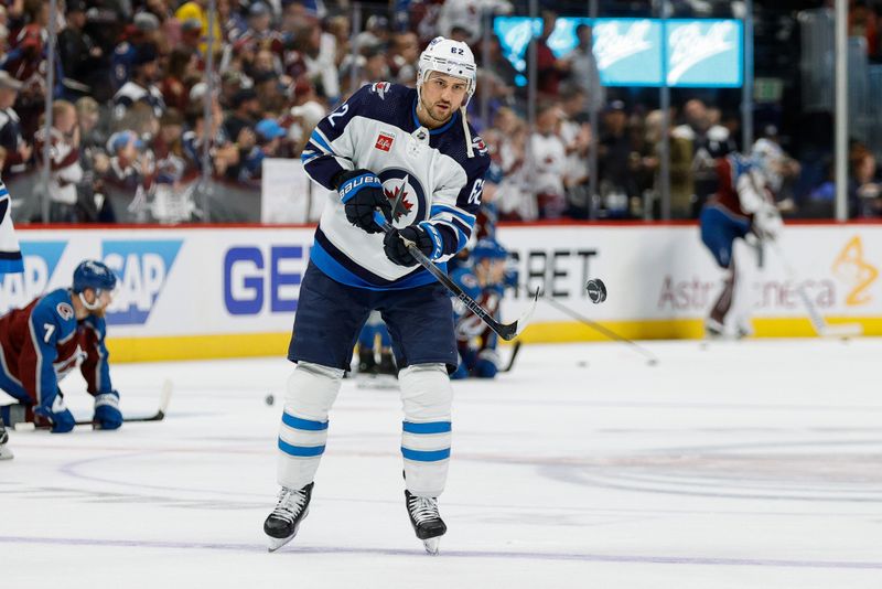 Apr 26, 2024; Denver, Colorado, USA; Winnipeg Jets right wing Nino Niederreiter (62) warms up before game three of the first round of the 2024 Stanley Cup Playoffs against the Colorado Avalanche at Ball Arena. Mandatory Credit: Isaiah J. Downing-USA TODAY Sports