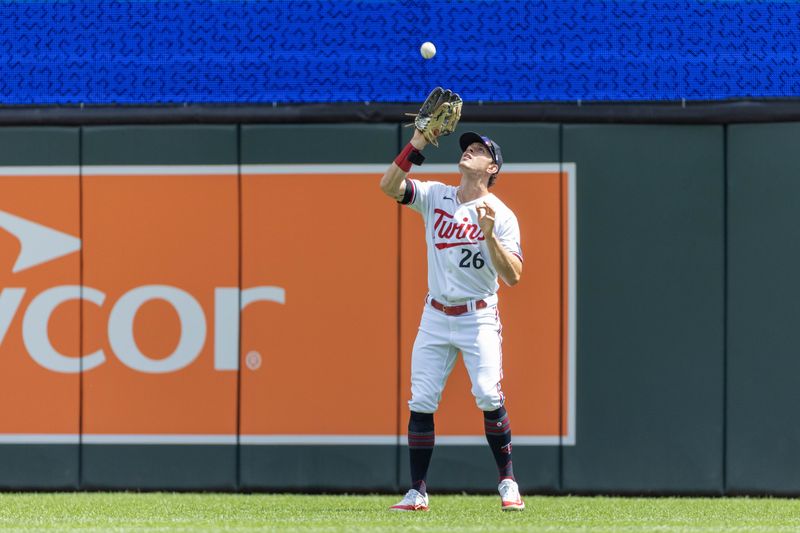 Aug 16, 2023; Minneapolis, Minnesota, USA; Minnesota Twins right fielder Max Kepler (26) catches a fly ball against the Detroit Tigers in the fourth inning at Target Field. Mandatory Credit: Jesse Johnson-USA TODAY Sports