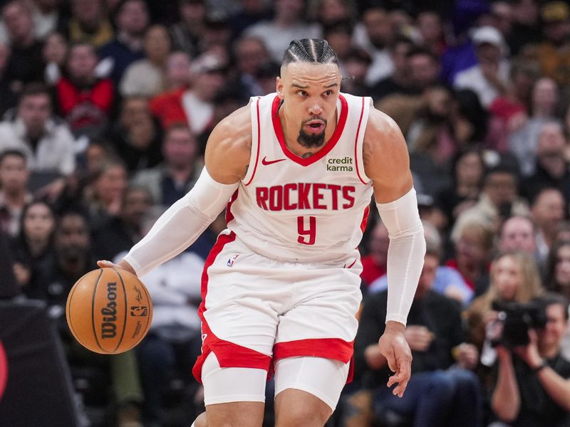 TORONTO, ON - FEBRUARY 9: Dillon Brooks #9 of the Houston Rockets dribbles against the Toronto Raptors during the second half of their basketball game at the Scotiabank Arena on February 9, 2024 in Toronto, Ontario, Canada. NOTE TO USER: User expressly acknowledges and agrees that, by downloading and/or using this Photograph, user is consenting to the terms and conditions of the Getty Images License Agreement. (Photo by Mark Blinch/Getty Images)