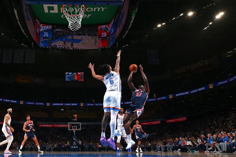 OKLAHOMA CITY, OK - FEBRUARY 23: Eugene Omoruyi #97 of the Washington Wizards shoots the ball during the game against the Oklahoma City Thunder on February 23, 2024 at Paycom Arena in Oklahoma City, Oklahoma. NOTE TO USER: User expressly acknowledges and agrees that, by downloading and or using this photograph, User is consenting to the terms and conditions of the Getty Images License Agreement. Mandatory Copyright Notice: Copyright 2024 NBAE (Photo by Zach Beeker/NBAE via Getty Images)