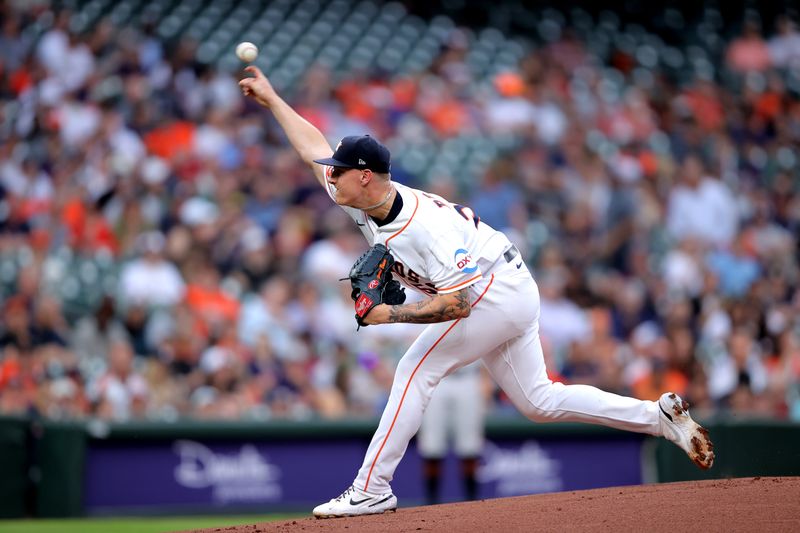 May 2, 2023; Houston, Texas, USA; Houston Astros starting pitcher Hunter Brown (58) delivers a pitch against the San Francisco Giants during the first inning at Minute Maid Park. Mandatory Credit: Erik Williams-USA TODAY Sports