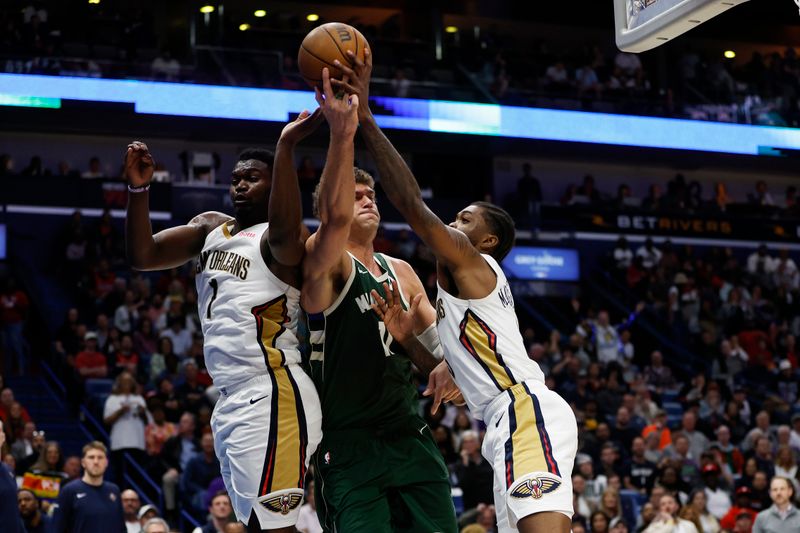 NEW ORLEANS, LOUISIANA - MARCH 28: Brook Lopez #11 of the Milwaukee Bucks fights for a loose ball with Zion Williamson #1 of the New Orleans Pelicans at Smoothie King Center on March 28, 2024 in New Orleans, Louisiana. NOTE TO USER: User expressly acknowledges and agrees that, by downloading and or using this photograph, User is consenting to the terms and conditions of the Getty Images License Agreement.  (Photo by Chris Graythen/Getty Images)