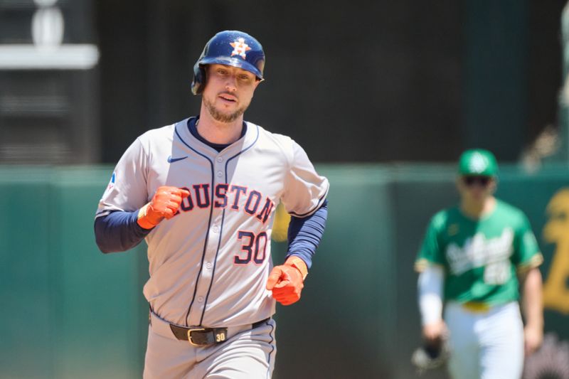 May 26, 2024; Oakland, California, USA; Houston Astros outfielder Kyle Tucker (30) runs the bases after hitting a two run home run against the Oakland Athletics during the fourth inning at Oakland-Alameda County Coliseum. Mandatory Credit: Robert Edwards-USA TODAY Sports