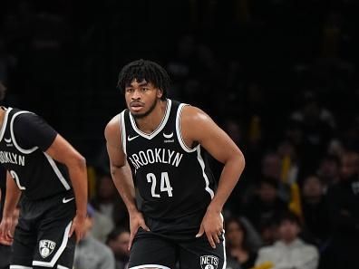 BROOKLYN, NY - DECEMBER 23: Cam Thomas #24 of the Brooklyn Nets looks on during the game against the Detroit Pistons on December 23, 2023 at Barclays Center in Brooklyn, New York. NOTE TO USER: User expressly acknowledges and agrees that, by downloading and or using this Photograph, user is consenting to the terms and conditions of the Getty Images License Agreement. Mandatory Copyright Notice: Copyright 2023 NBAE (Photo by Jesse D. Garrabrant/NBAE via Getty Images)