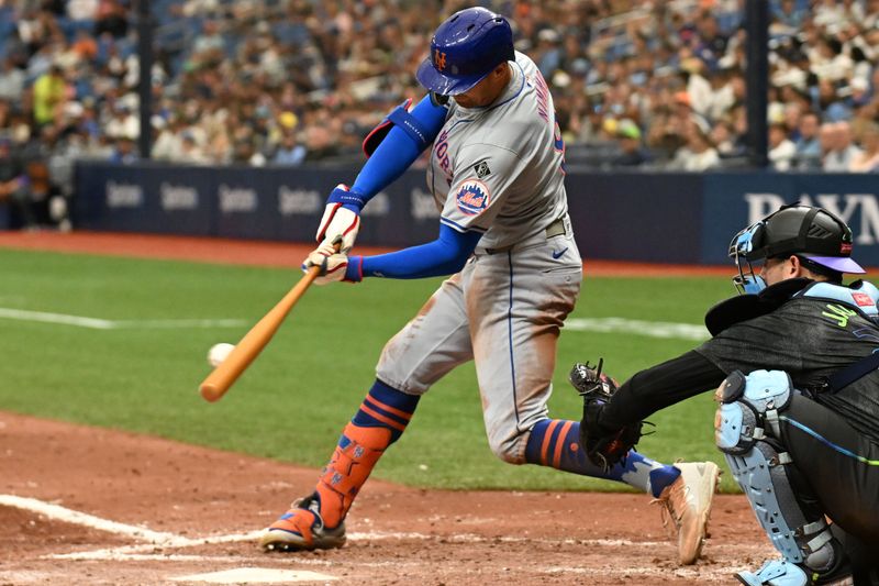 May 5, 2024; St. Petersburg, Florida, USA; New York Mets left fielder Brandon Nimmo (9) hits an RBI single in the fourth inning against the Tampa Bay Rays  at Tropicana Field. Mandatory Credit: Jonathan Dyer-USA TODAY Sports