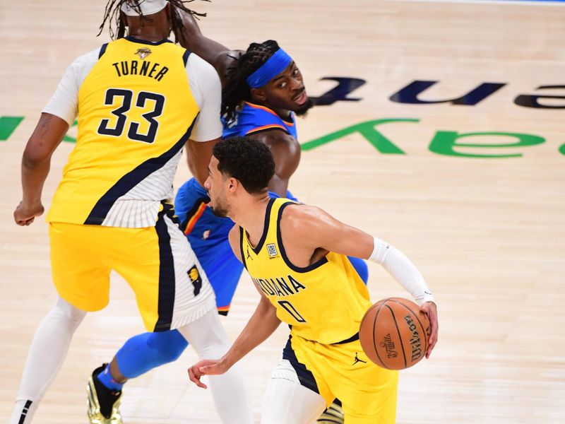 OKLAHOMA CITY, OK - JUNE 8: Tyrese Haliburton #0 of the Indiana Pacers drives to the basket during the game against the Oklahoma City Thunder during Game Two of the 2025 NBA Finals on June 8, 2025 at Paycom Center in Oklahoma City, Oklahoma. NOTE TO USER: User expressly acknowledges and agrees that, by downloading and or using this photograph, User is consenting to the terms and conditions of the Getty Images License Agreement. Mandatory Copyright Notice: Copyright 2025 NBAE (Photo by Adam Pantozzi/NBAE via Getty Images)