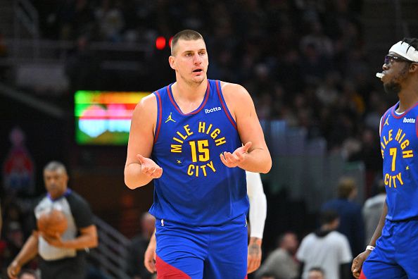 CLEVELAND, OHIO - NOVEMBER 19: Nikola Jokic #15 of the Denver Nuggets reacts after being called for a foul during the third quarter against the Cleveland Cavaliers at Rocket Mortgage Fieldhouse on November 19, 2023 in Cleveland, Ohio. The Cavaliers defeated the Nuggets 121-109. NOTE TO USER: User expressly acknowledges and agrees that, by downloading and or using this photograph, User is consenting to the terms and conditions of the Getty Images License Agreement. (Photo by Jason Miller/Getty Images)