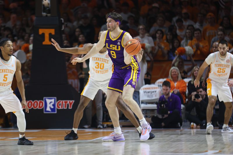 Feb 7, 2024; Knoxville, Tennessee, USA; LSU Tigers forward Will Baker (9) passes the ball against the Tennessee Volunteers during the second half at Thompson-Boling Arena at Food City Center. Mandatory Credit: Randy Sartin-USA TODAY Sports