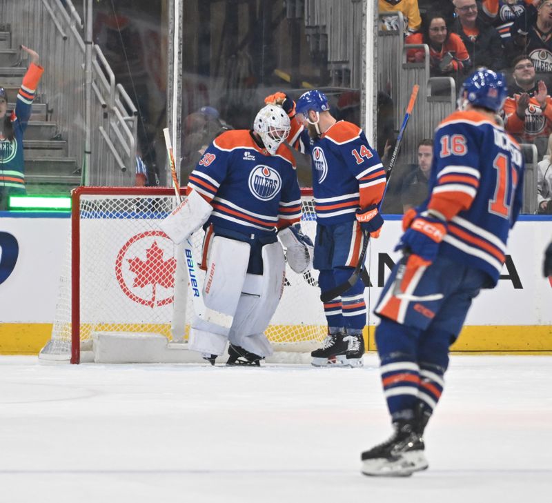 Mar 15, 2026; Edmonton, Alberta, CAN; Edmonton Oilers goalie Connor Ingram (39) and Edmonton Oilers defenseman Mattias Ekholm (14) celebrate the win over the Nashville Predators during the third period at Rogers Place. Mandatory Credit: Walter Tychnowicz-Imagn Images Mar 15, 2026; Edmonton, Alberta, CAN; Edmonton Oilers goalie Connor Ingram (39) and Edmonton Oilers defenseman Mattias Ekholm (14) celebrate the win over the Nashville Predators during the third period at Rogers Place. Mandatory Credit: Walter Tychnowicz-Imagn Images