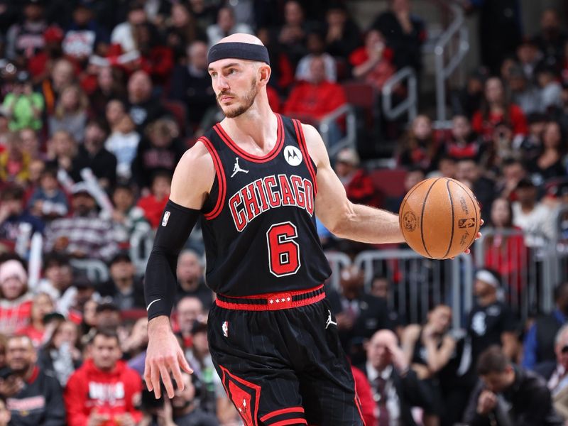 CHICAGO, IL - MARCH 25: Alex Caruso #6 of the Chicago Bulls dribbles the ball during the game against the Washington Wizards on March 25, 2024 at United Center in Chicago, Illinois. NOTE TO USER: User expressly acknowledges and agrees that, by downloading and or using this photograph, User is consenting to the terms and conditions of the Getty Images License Agreement. Mandatory Copyright Notice: Copyright 2024 NBAE (Photo by Jeff Haynes/NBAE via Getty Images)