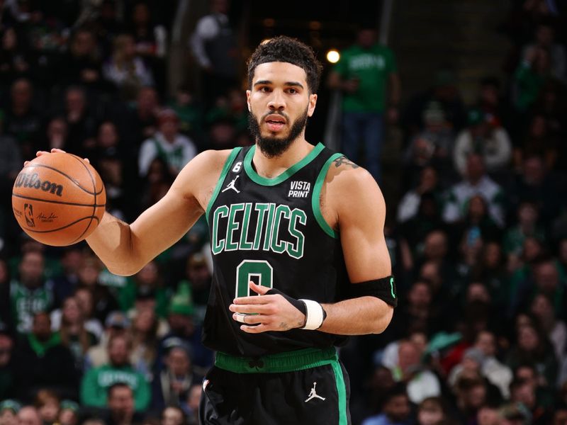 BOSTON, MA - FEBRUARY 3: Jayson Tatum #0 of the Boston Celtics dribbles the ball during the game against the Phoenix Suns on February 3, 2023 at TD Garden in Boston, Massachusetts.  NOTE TO USER: User expressly acknowledges and agrees that, by downloading and or using this photograph, User is consenting to the terms and conditions of the Getty Images License Agreement. Mandatory Copyright Notice: Copyright 2022 NBAE  (Photo by Nathaniel S. Butler/NBAE via Getty Images)