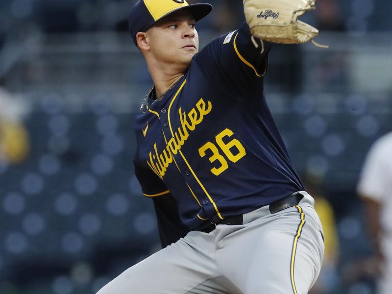 Sep 24, 2024; Pittsburgh, Pennsylvania, USA; Milwaukee Brewers starting pitcher Tobias Myers (36) pitches against the Pittsburgh Pirates during the first inning at PNC Park. Mandatory Credit: Charles LeClaire-Imagn Images