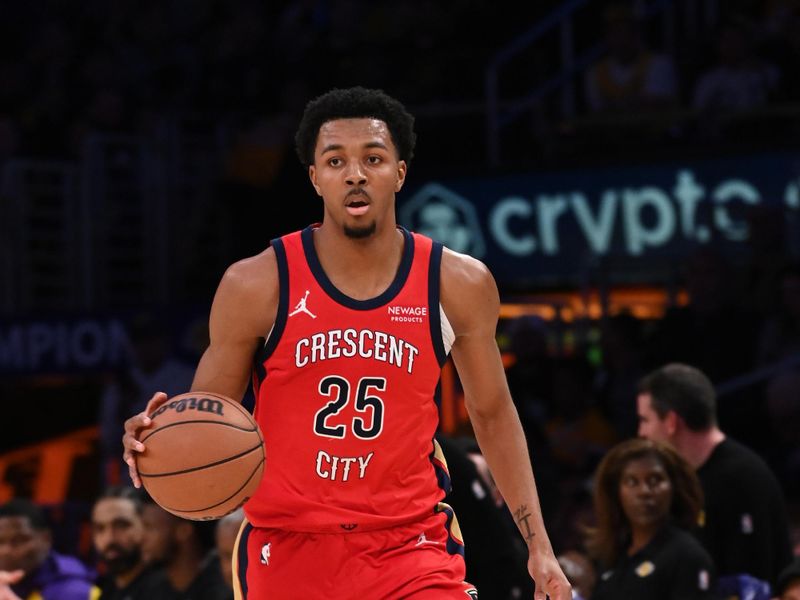 LOS ANGELES, CA - MARCH 4: Trey Murphy III #25 of the New Orleans Pelicans handles the ball during the game against the Los Angeles Lakers on March 4, 2025 at Crypto.Com Arena in Los Angeles, California. NOTE TO USER: User expressly acknowledges and agrees that, by downloading and/or using this Photograph, user is consenting to the terms and conditions of the Getty Images License Agreement. Mandatory Copyright Notice: Copyright 2025 NBAE (Photo by Juan Ocampo/NBAE via Getty Images)