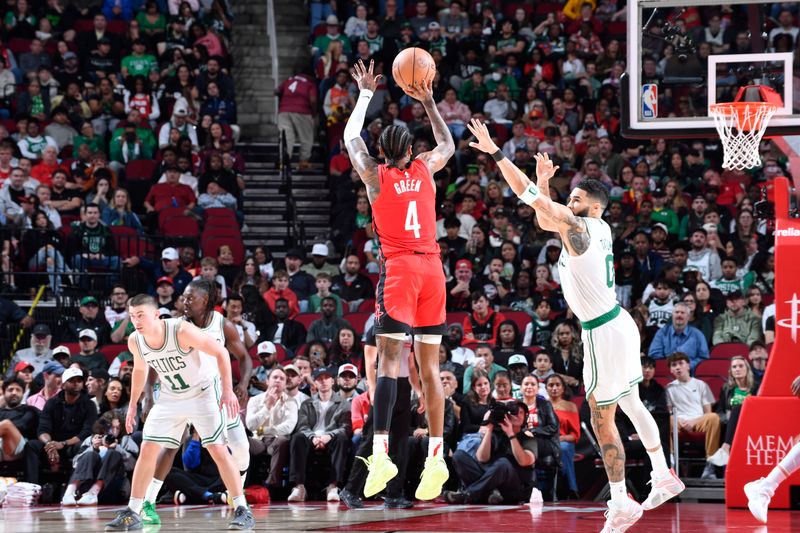 HOUSTON, TX - JANUARY 3:  Jalen Green #4 of the Houston Rockets shoots the ball during the game against the Boston Celtics on January 3, 2025 at the Toyota Center in Houston, Texas. NOTE TO USER: User expressly acknowledges and agrees that, by downloading and or using this photograph, User is consenting to the terms and conditions of the Getty Images License Agreement. Mandatory Copyright Notice: Copyright 2025 NBAE (Photo by Logan Riely/NBAE via Getty Images)