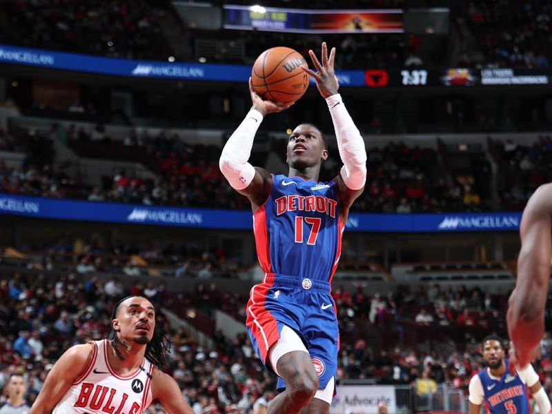 CHICAGO, IL - FEBRUARY 12:  Dennis Schroder #17 of the Detroit Pistons shoots the ball during the game against the Chicago Bulls on February 12, 2025 at United Center in Chicago, Illinois. NOTE TO USER: User expressly acknowledges and agrees that, by downloading and or using this photograph, User is consenting to the terms and conditions of the Getty Images License Agreement. Mandatory Copyright Notice: Copyright 2025 NBAE (Photo by Jeff Haynes/NBAE via Getty Images)