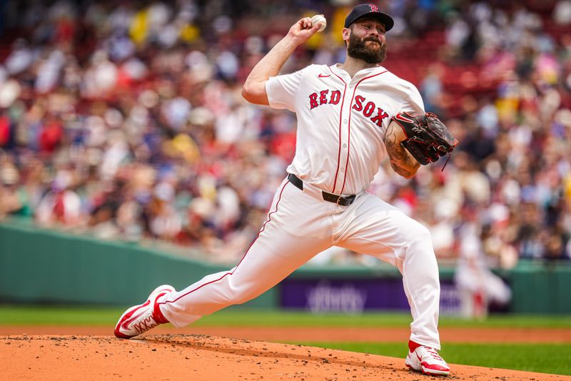 Jun 4, 2025; Boston, Massachusetts, USA; Boston Red Sox pitcher Lucas Giolito (54) throws a pitch against the Los Angeles Angels in the first inning at Fenway Park. Mandatory Credit: David Butler II-Imagn Images