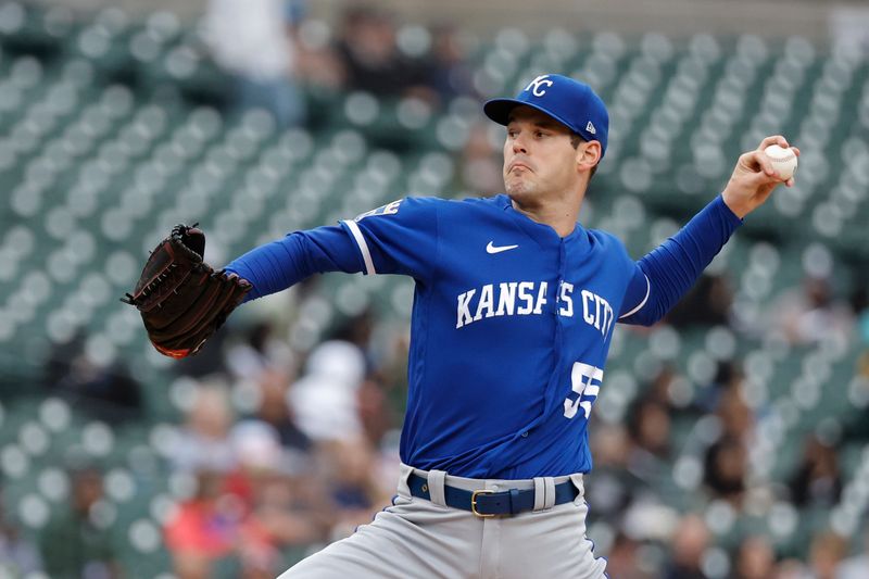 Sep 28, 2023; Detroit, Michigan, USA; Kansas City Royals starting pitcher Cole Ragans (55) pitches in the first inning against the Detroit Tigers at Comerica Park. Mandatory Credit: Rick Osentoski-USA TODAY Sports